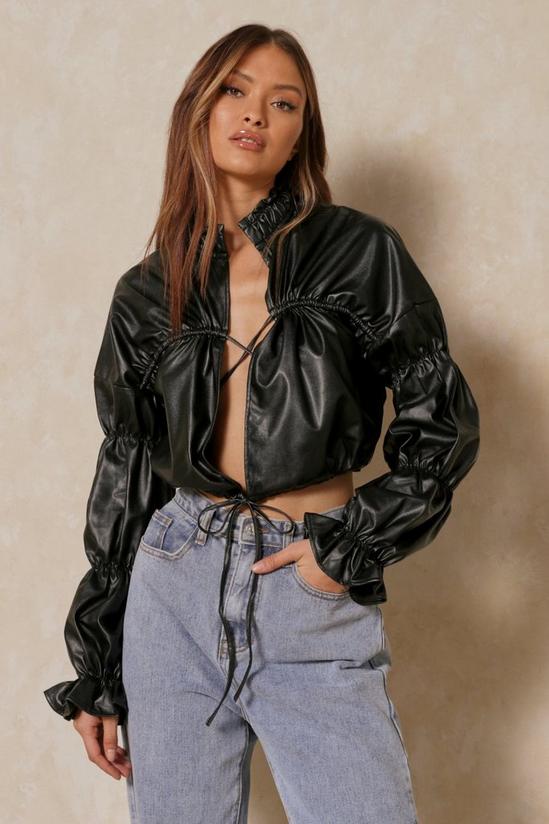 MissPap Leather Look Ruched Tie Front Blouse 1