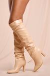 MissPap Ruched Leather Look Knee Length Heeled Boot thumbnail 1