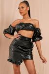 MissPap Leather Look Ruched Puff Sleeve Crop Top thumbnail 1