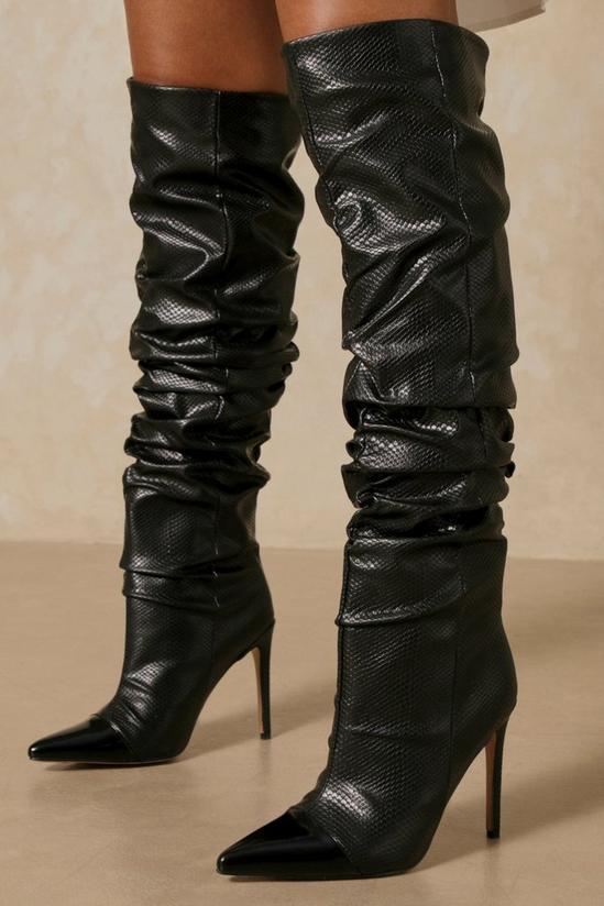 MissPap Leather Look Pointed Ruched Knee Length Heeled Boot 1