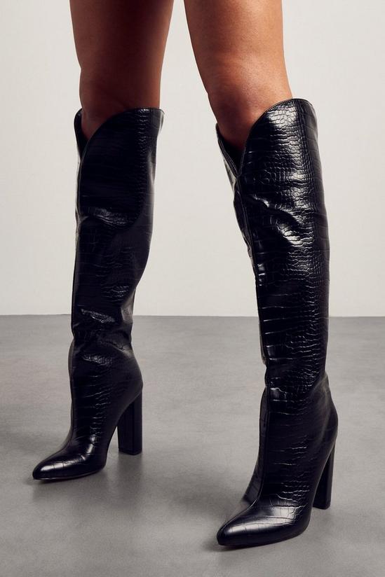 MissPap Leather Look Croc Print Block Heel Boots 1
