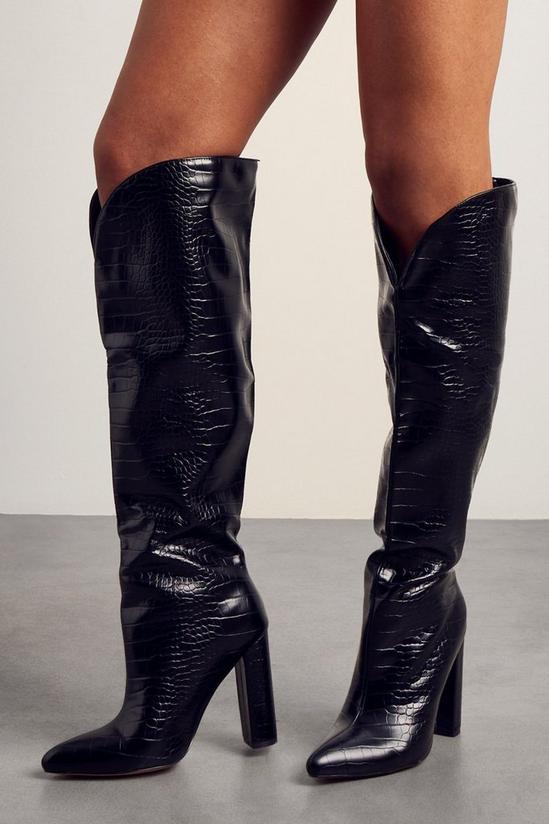 MissPap Leather Look Croc Print Block Heel Boots 3