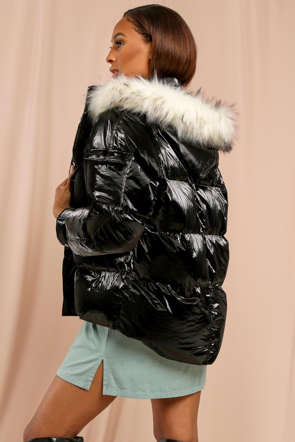 Pocket pearlescent faux store fur trim puffer