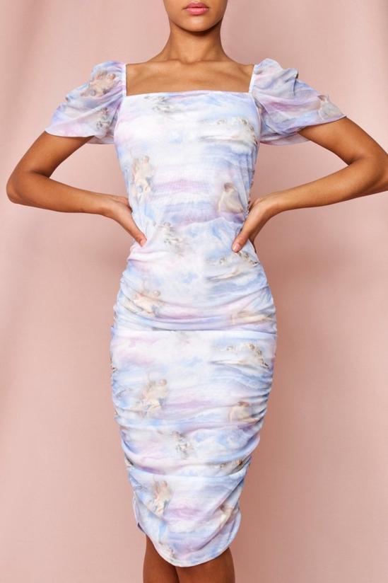 MissPap Renaissance print Ruched Puff Sleeve Mesh Dress 3