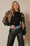 MissPap Extreme Lace Puff Shoulder Ribbed Top thumbnail 1