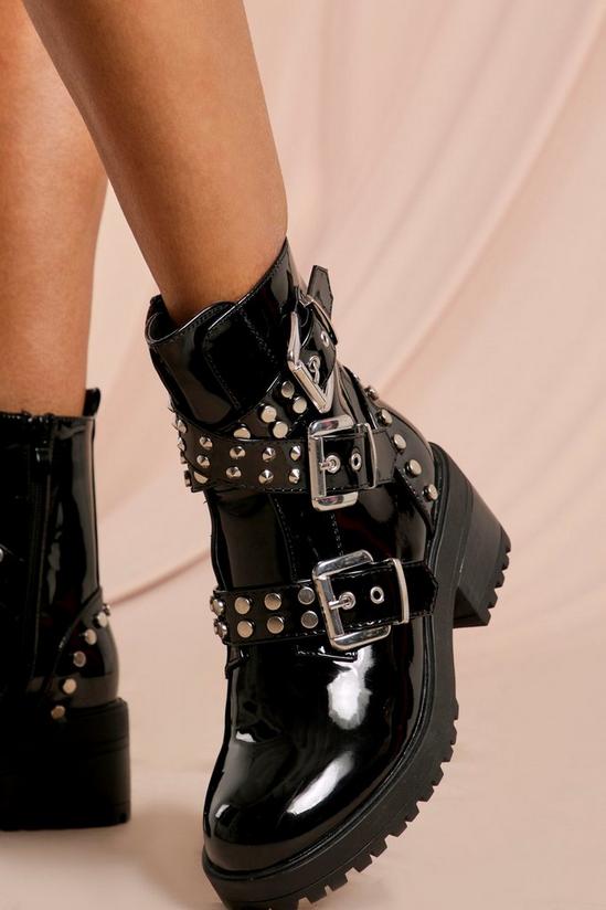 MissPap Patent Studded Buckle Chunky Hiker Boots 2